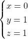 \begin{cases}  x= 0\\  y= 1\\  z = 1  \end{cases}